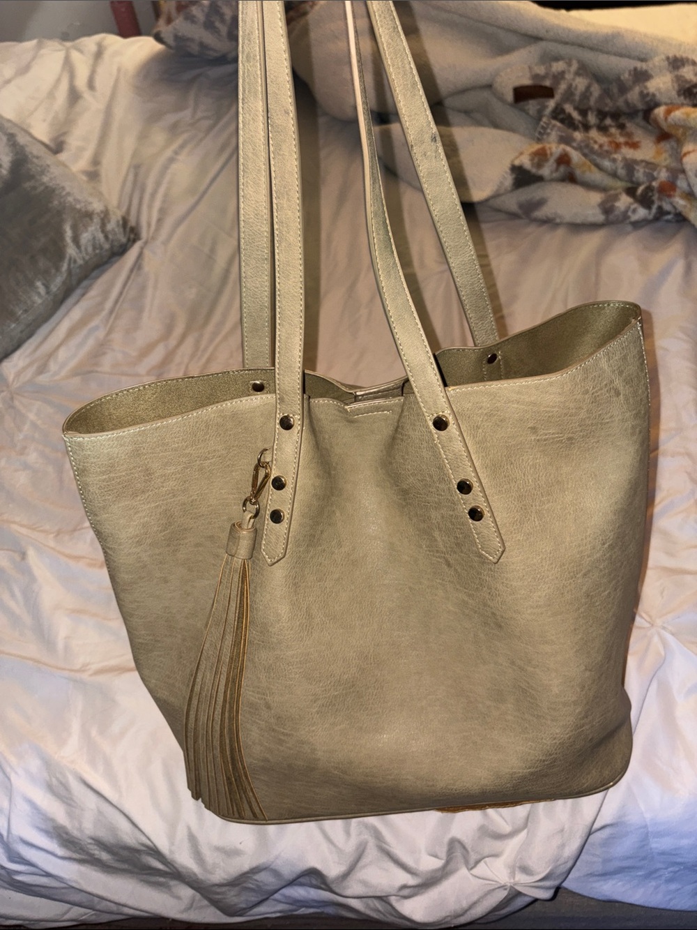 Tote Bag. Unique Grey/Green, Gold Accents with Tassel